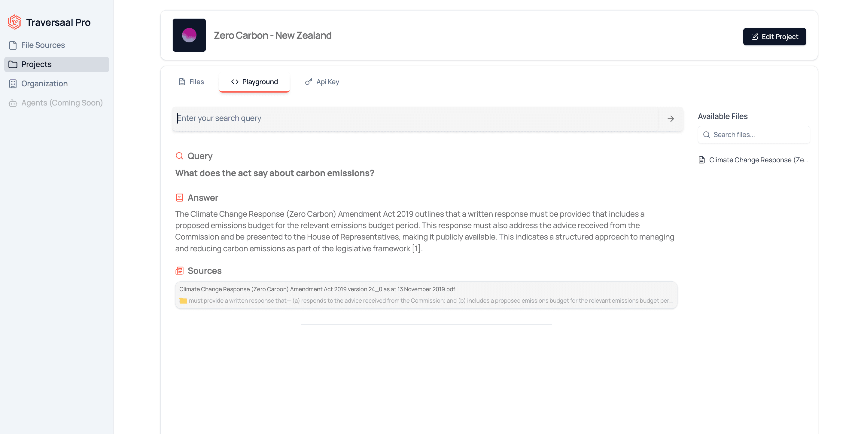 Traversaal Pro — document Q&A with grounded answer and source citations