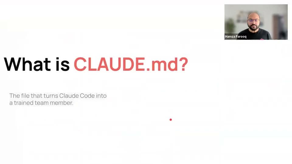 A slide from Session 1 of Claude Code for FDE, titled What is CLAUDE.md, with the instructor in a corner camera