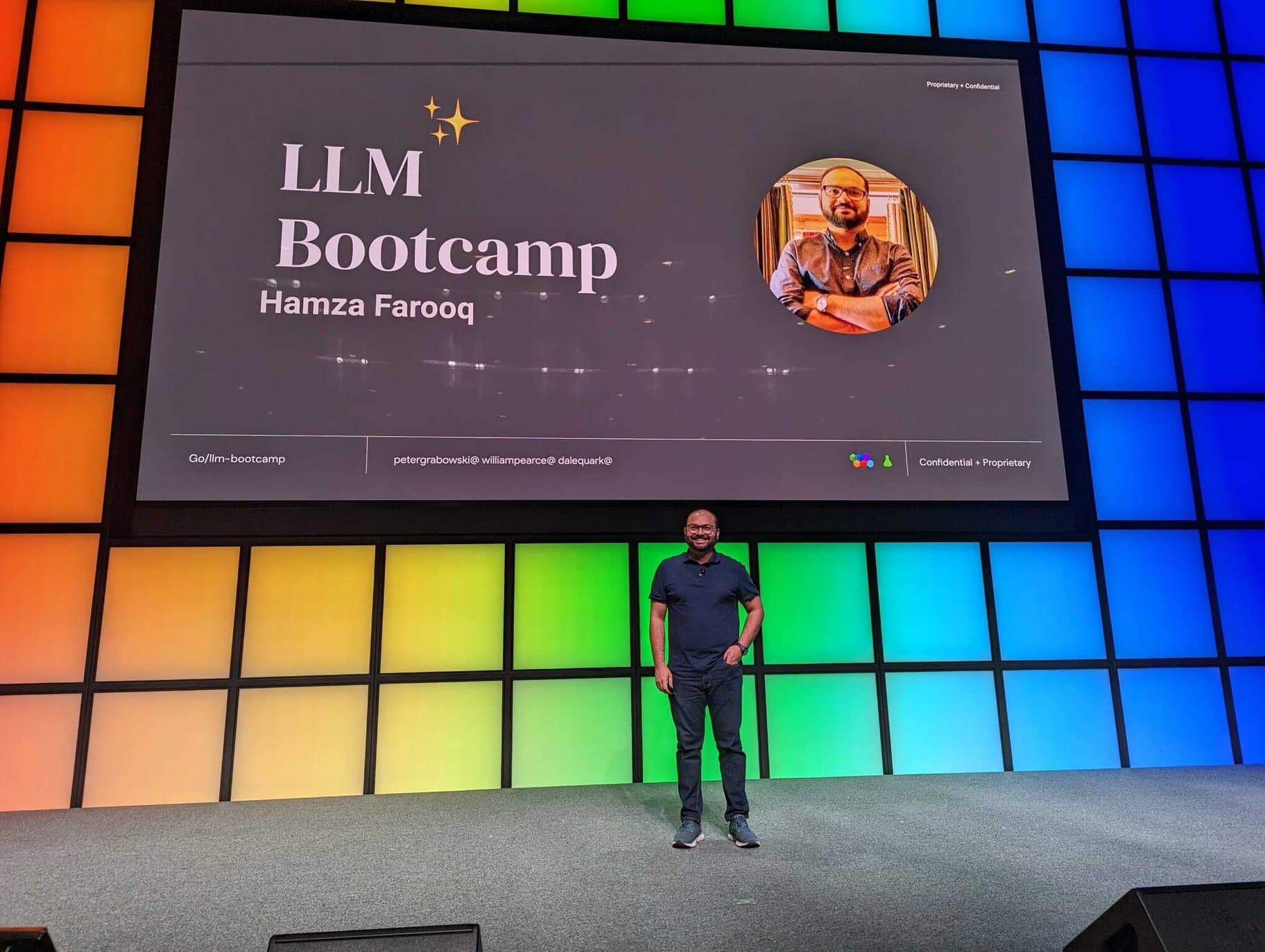 Hamza Farooq on stage at Google, presenting the LLM Bootcamp
